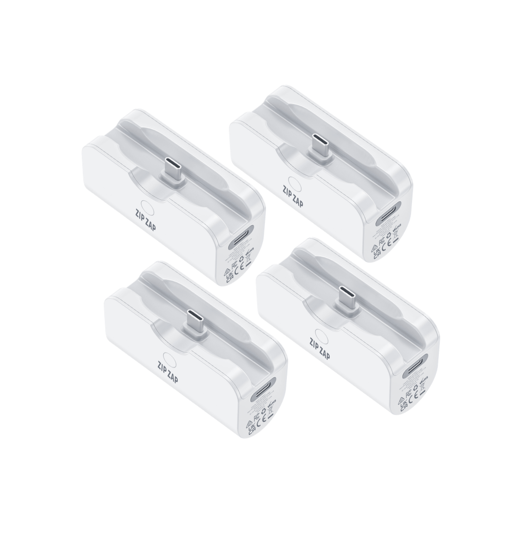 Four Zip Zap Plus Gen 3 chargers with built-in USB-C connectors